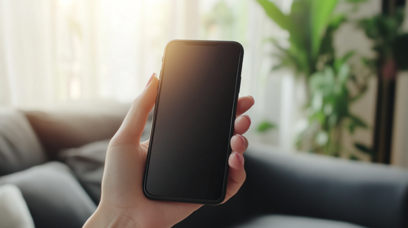 A Person's Hand Holding a Smartphone with A Blank Screen, Set Against a Softly Lit Living Room Background with A Couch and Potted Plants