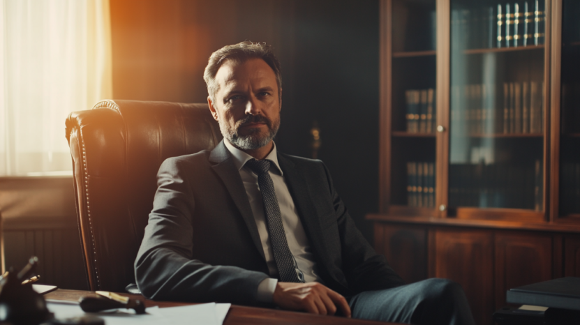 A Serious-Looking Male Lawyer in A Suit Sits in A Leather Chair in A Dimly Lit Office, with Shelves of Legal Books Behind Him and Light Streaming in Through a Nearby Window