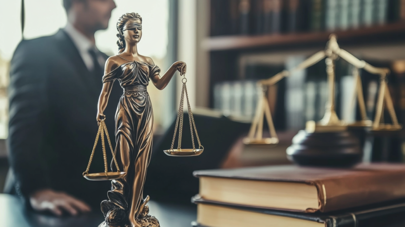 A Bronze Lady Justice Statue Holding Scales Is Placed in The Foreground on A Desk with Legal Books, While a Blurred Figure of A Person in A Suit Stands in The Background in A Law Office Setting