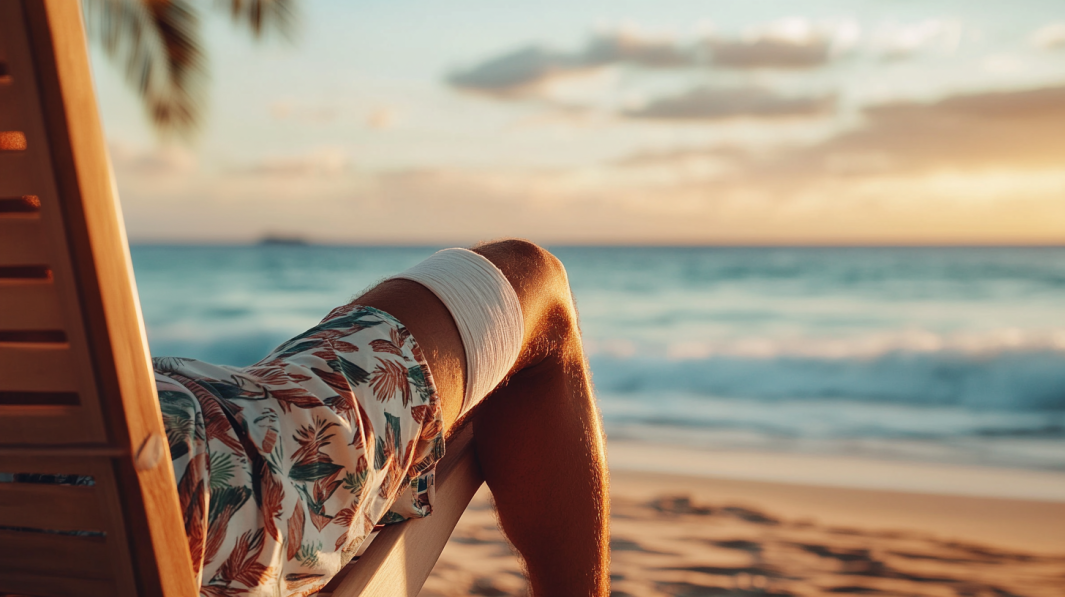 A Person with A Bandaged Knee Is Relaxing on A Beach Chair, Wearing Floral Shorts, and Enjoying a Serene Sunset by The Ocean